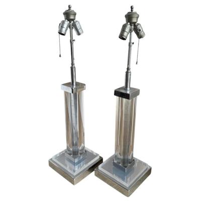 Pair of Mid Century Modern Lucite Chrome Table Lamps