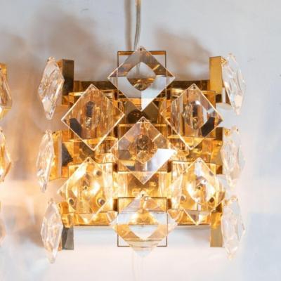 Pair of Mid Century Modern Mosaic Beveled Glass and Polished Brass Sconces