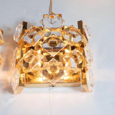 Pair of Mid Century Modern Mosaic Beveled Glass and Polished Brass Sconces