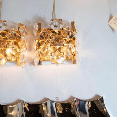 Pair of Mid Century Modern Mosaic Beveled Glass and Polished Brass Sconces