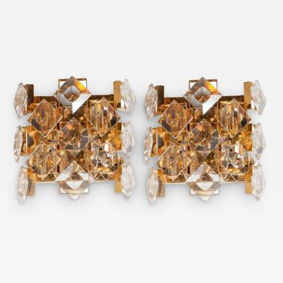 Pair of Mid Century Modern Mosaic Beveled Glass and Polished Brass Sconces