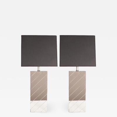 Pair of Mid Century Modern Rectangular Mirrored Table Lamps with Nickel Fittings