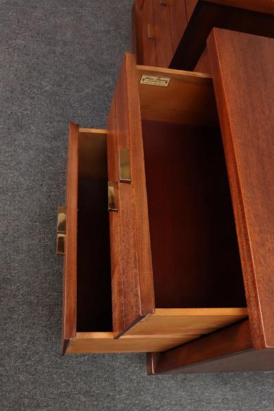 Pair of Mid Century Modern Stained Mahogany and Brass Two Drawer Nightstands