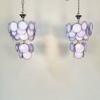 Pair of Mid Century Modern Style Purple Murano Glass Disk Chandeliers