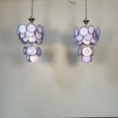 Pair of Mid Century Modern Style Purple Murano Glass Disk Chandeliers