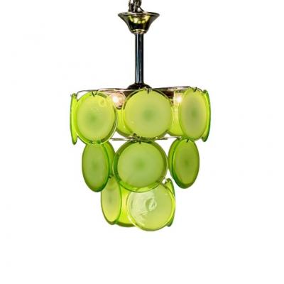 Pair of Mid Century Modern Style Small Green Murano Glass Disk Chandeliers