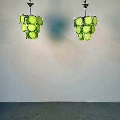 Pair of Mid Century Modern Style Small Green Murano Glass Disk Chandeliers