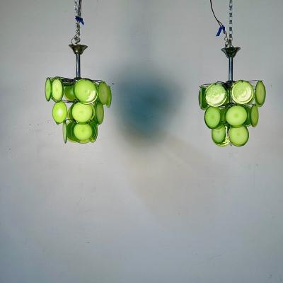 Pair of Mid Century Modern Style Small Green Murano Glass Disk Chandeliers