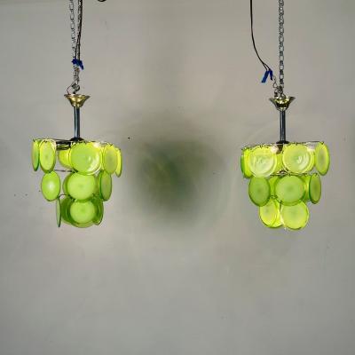 Pair of Mid Century Modern Style Small Green Murano Glass Disk Chandeliers
