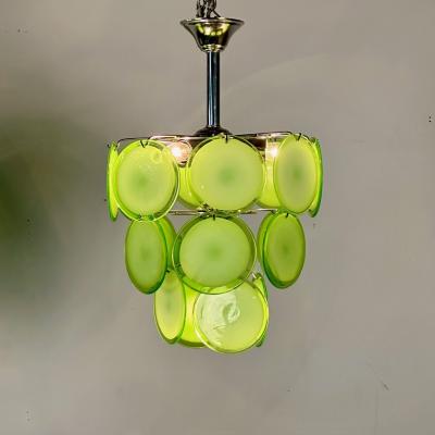 Pair of Mid Century Modern Style Small Green Murano Glass Disk Chandeliers