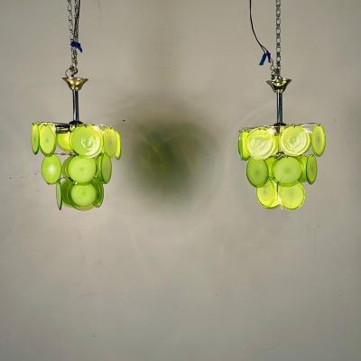 Pair of Mid Century Modern Style Small Green Murano Glass Disk Chandeliers