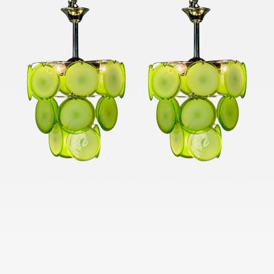 Pair of Mid Century Modern Style Small Green Murano Glass Disk Chandeliers