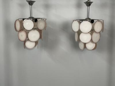 Pair of Mid Century Modern Style Small Pink Murano Glass Disk Chandeliers