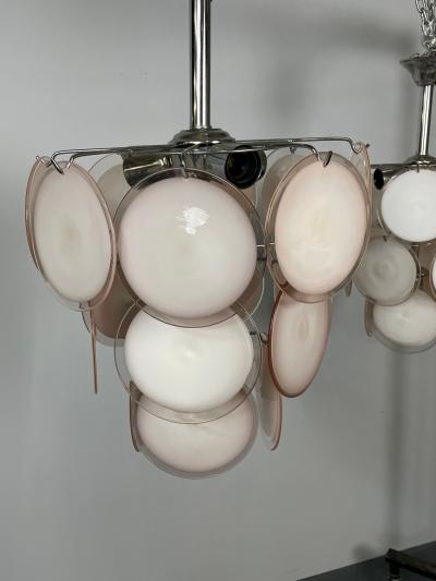 Pair of Mid Century Modern Style Small Pink Murano Glass Disk Chandeliers