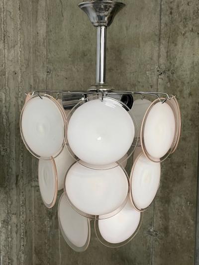 Pair of Mid Century Modern Style Small Pink Murano Glass Disk Chandeliers