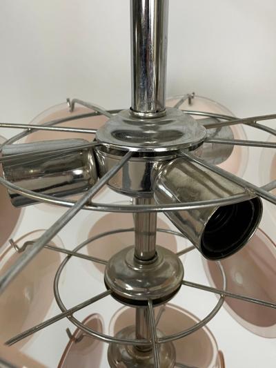Pair of Mid Century Modern Style Small Pink Murano Glass Disk Chandeliers