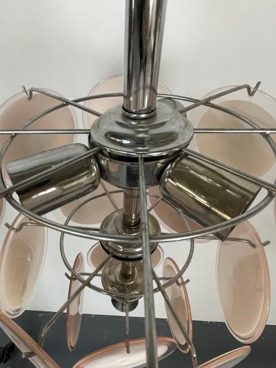 Pair of Mid Century Modern Style Small Pink Murano Glass Disk Chandeliers
