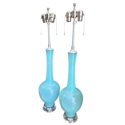 Pair of Mid Century Modern Teal Blue Murano Glass Table Lamps
