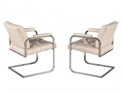 Pair of Mid Century Modern Tufted Cream Leather Accent Chairs
