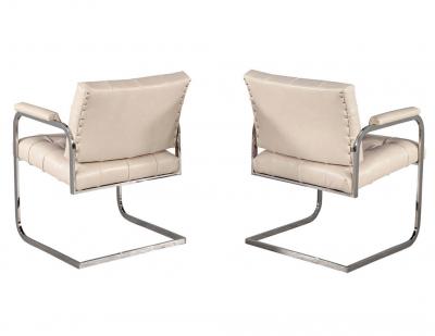 Pair of Mid Century Modern Tufted Cream Leather Accent Chairs