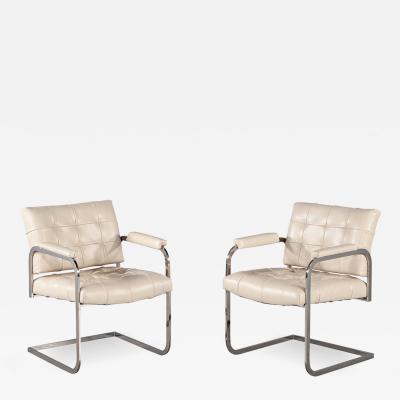 Pair of Mid Century Modern Tufted Cream Leather Accent Chairs