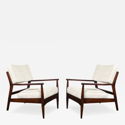 Pair of Mid Century Modern Walnut Armchairs with Off White Textural Upholstery