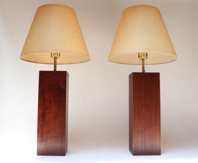 Pair of Mid Century Modern Walnut Column Block Form Table Lamps
