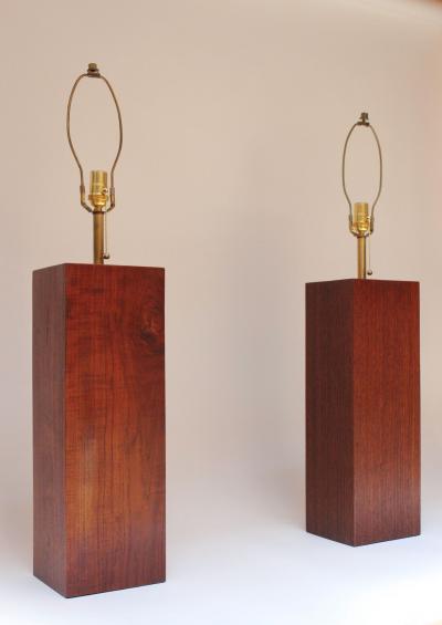 Pair of Mid Century Modern Walnut Column Block Form Table Lamps