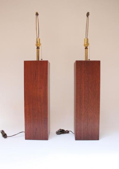 Pair of Mid Century Modern Walnut Column Block Form Table Lamps