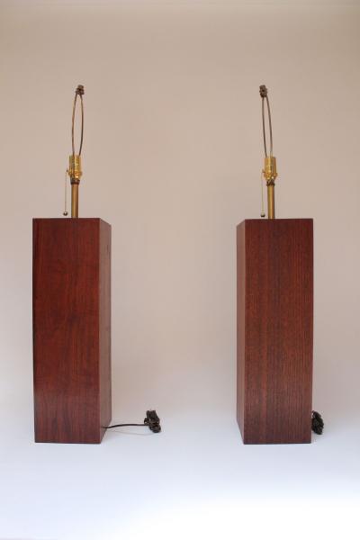 Pair of Mid Century Modern Walnut Column Block Form Table Lamps