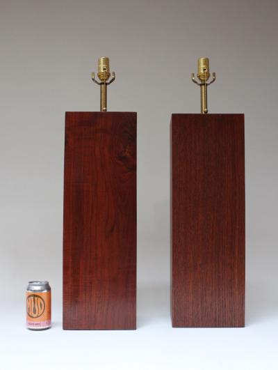 Pair of Mid Century Modern Walnut Column Block Form Table Lamps