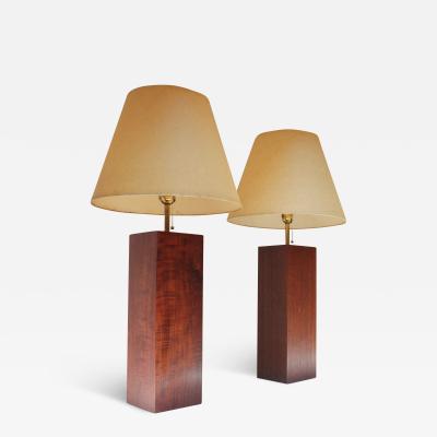 Pair of Mid Century Modern Walnut Column Block Form Table Lamps
