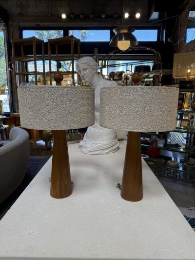 Pair of Mid Century Modern Wood Table Lamps with Textured Drum Shades