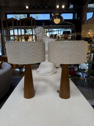 Pair of Mid Century Modern Wood Table Lamps with Textured Drum Shades