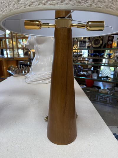 Pair of Mid Century Modern Wood Table Lamps with Textured Drum Shades