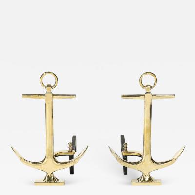 Pair of Mid Century Modernist Anchor Andirons in Polished Brass