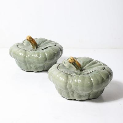 Pair of Mid Century Modernist Ceramic Covered Pumpkin Tureens