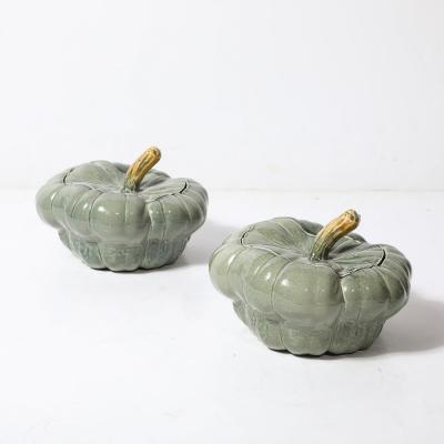 Pair of Mid Century Modernist Ceramic Covered Pumpkin Tureens
