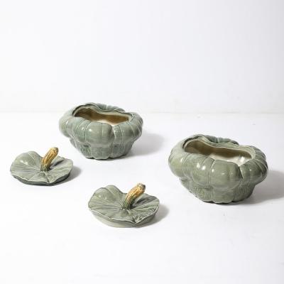 Pair of Mid Century Modernist Ceramic Covered Pumpkin Tureens