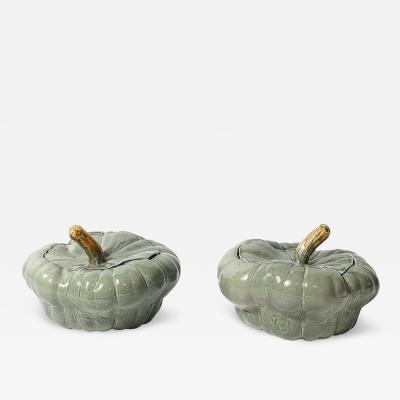 Pair of Mid Century Modernist Ceramic Covered Pumpkin Tureens