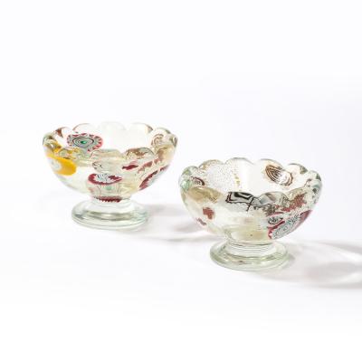 Pair of Mid Century Modernist Hand Blown Murano Glass Bowls w Scalloped Edges