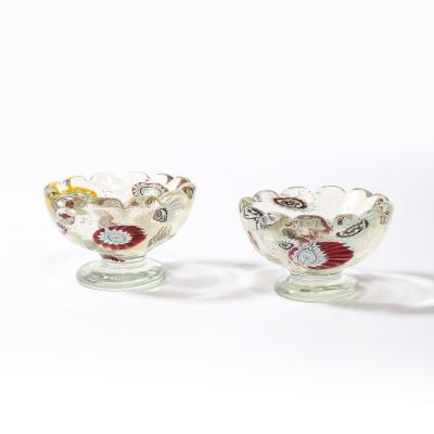 Pair of Mid Century Modernist Hand Blown Murano Glass Bowls w Scalloped Edges