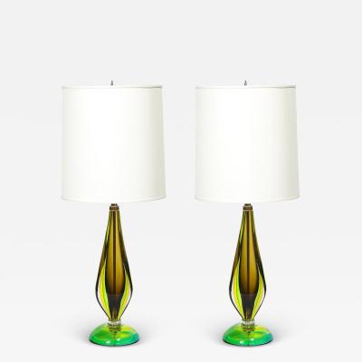 Pair of Mid Century Modernist Hand Blown Murano Sommerso Glass Table Lamps