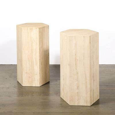 Pair of Mid Century Modernist Hexagonal Travertine Pedestals