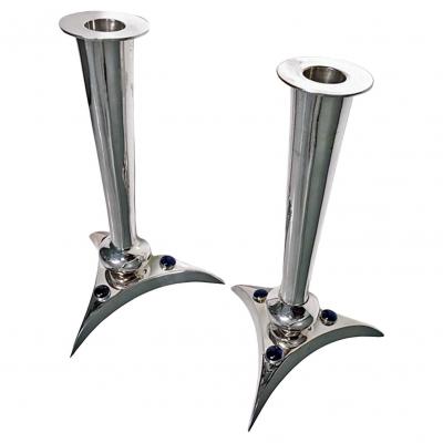 Pair of Mid Century Modernist Lapis Lazuli and silvered candlesticks circa 1970