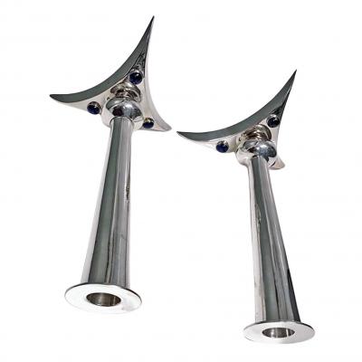 Pair of Mid Century Modernist Lapis Lazuli and silvered candlesticks circa 1970