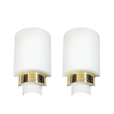 Pair of Mid Century Modernist Minimal Frosted Glass Brass Sconces
