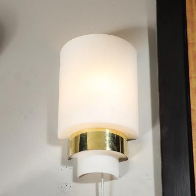 Pair of Mid Century Modernist Minimal Frosted Glass Brass Sconces