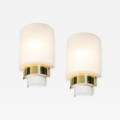 Pair of Mid Century Modernist Minimal Frosted Glass Brass Sconces