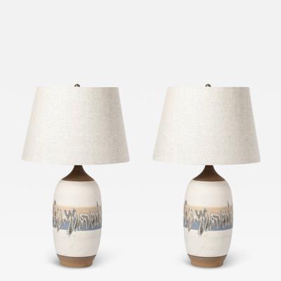 Pair of Mid Century Modernist Off White Ceramic Table Lamps W Banded Detailing